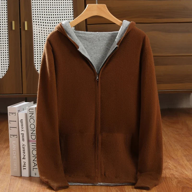 Double-Sided Hooded Zippered Men's Cashmere Cardigan Autumn and Winter Contrasting Color Thickened Loose Casual Knitted Sweater