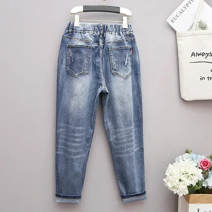 Large Size Baggy Jeans Woman High Waist Loose Harem Pants Elastic Cotton Denim Pants Women Denim Jeans Mom Ripped Jeans