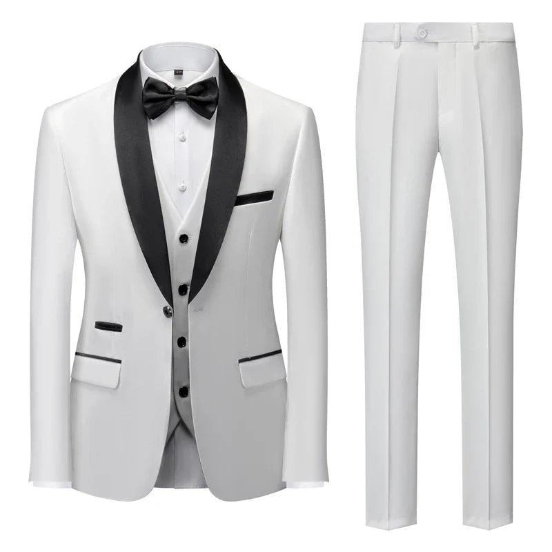 US Size Men Lapel Black Collar 3 Pcs Suit Set Coat Vest Trousers / Business Groom Wedding Dress Fprmal Blazer Pants Waistcoat