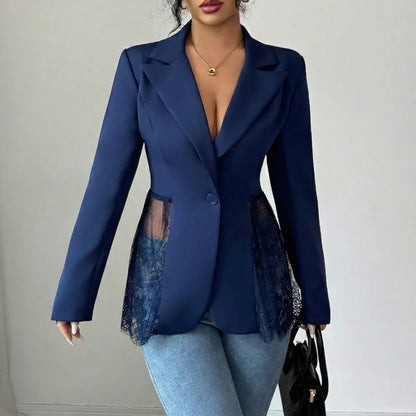 Women Color Block Blazer Lace Waist Slim Fit Office Suit Blazer Coat