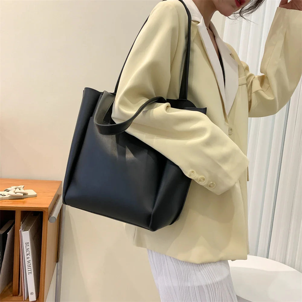 High Quality Soft Leather Woman Casual Tote Shopper Solid Color Handbags Large Capacity Single Shoulder Bag with Outer Pocket