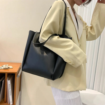 High Quality Soft Leather Woman Casual Tote Shopper Solid Color Handbags Large Capacity Single Shoulder Bag with Outer Pocket