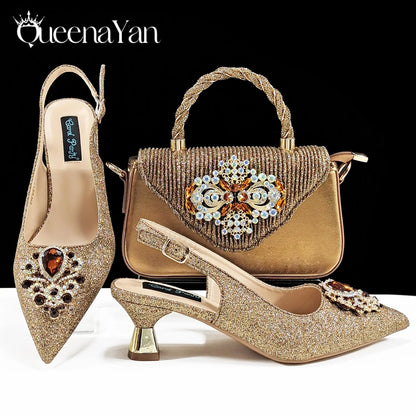 Hot Selling INS Pointed-Toe Luxury Style Women High Heels Sandal With Bag Set Orange Color for Wedding Party