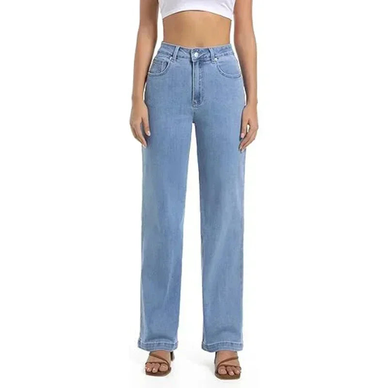 Female Retro Casual Baggy Straight Leg Jeans Women Stretch Classic Gray Denim Pants Lady Solid Cheap Fashion Trousers