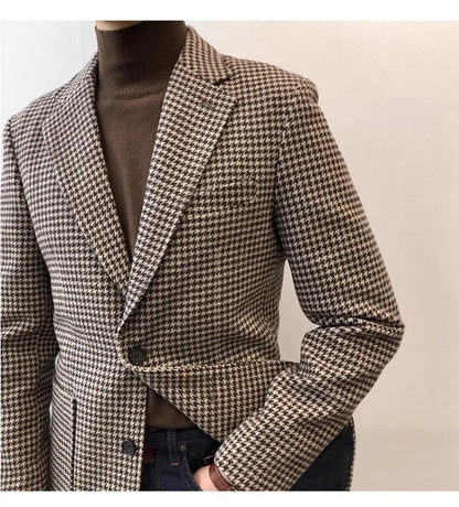 Autumn and Winter Casual Men's Retro Tweed Houndstooth Suit Men's Plus Size Outwear British Gentleman Wool Suit Trendy
