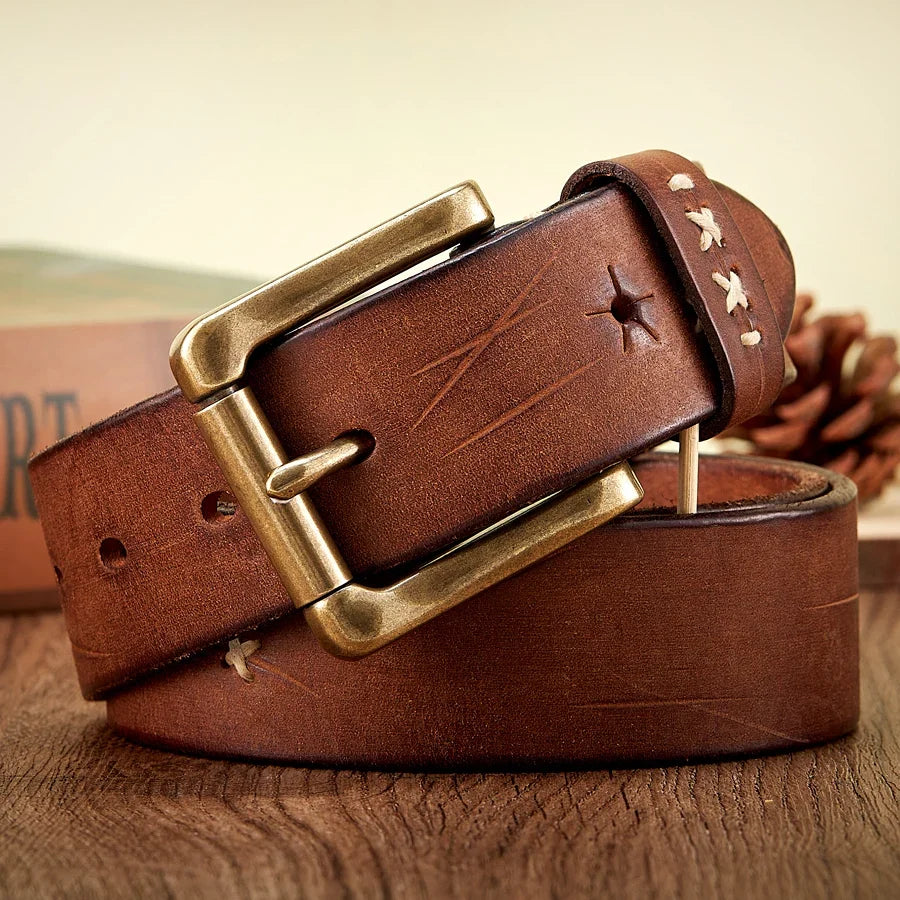 Vintage Genuine leather Luxury Handmade Leather Copper Buckle Man's Belt Cowhide Retro All-match Casual Jeans Soft Belt