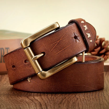 Vintage Genuine leather Luxury Handmade Leather Copper Buckle Man's Belt Cowhide Retro All-match Casual Jeans Soft Belt