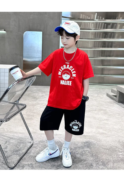 Summer Boys Cotton Leisure Print T-Shirt Top+Shorts Pant Contrast Set School Kids 2PCS Tracksuit Children Vacation Outfit 5-16Yr