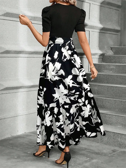 Elegant Floral Print Round Neck Long Dresses Women Short Sleeve High Waist Lace-up Office Lady Holiday Party Dresses Vestidos