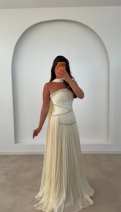 Custom Halter Neck A-Line Evening Dress Crystal Chiffon Prom Dresses Pleated Vestidos De Noche Elegant Formal Evening