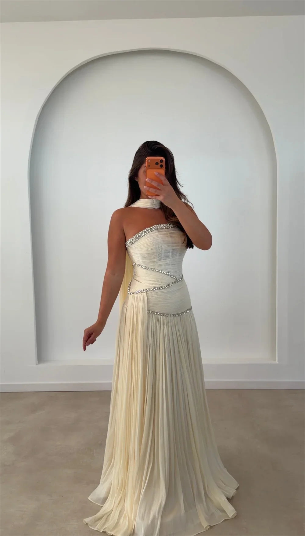 Custom Halter Neck A-Line Evening Dress Crystal Chiffon Prom Dresses Pleated Vestidos De Noche Elegant Formal Evening