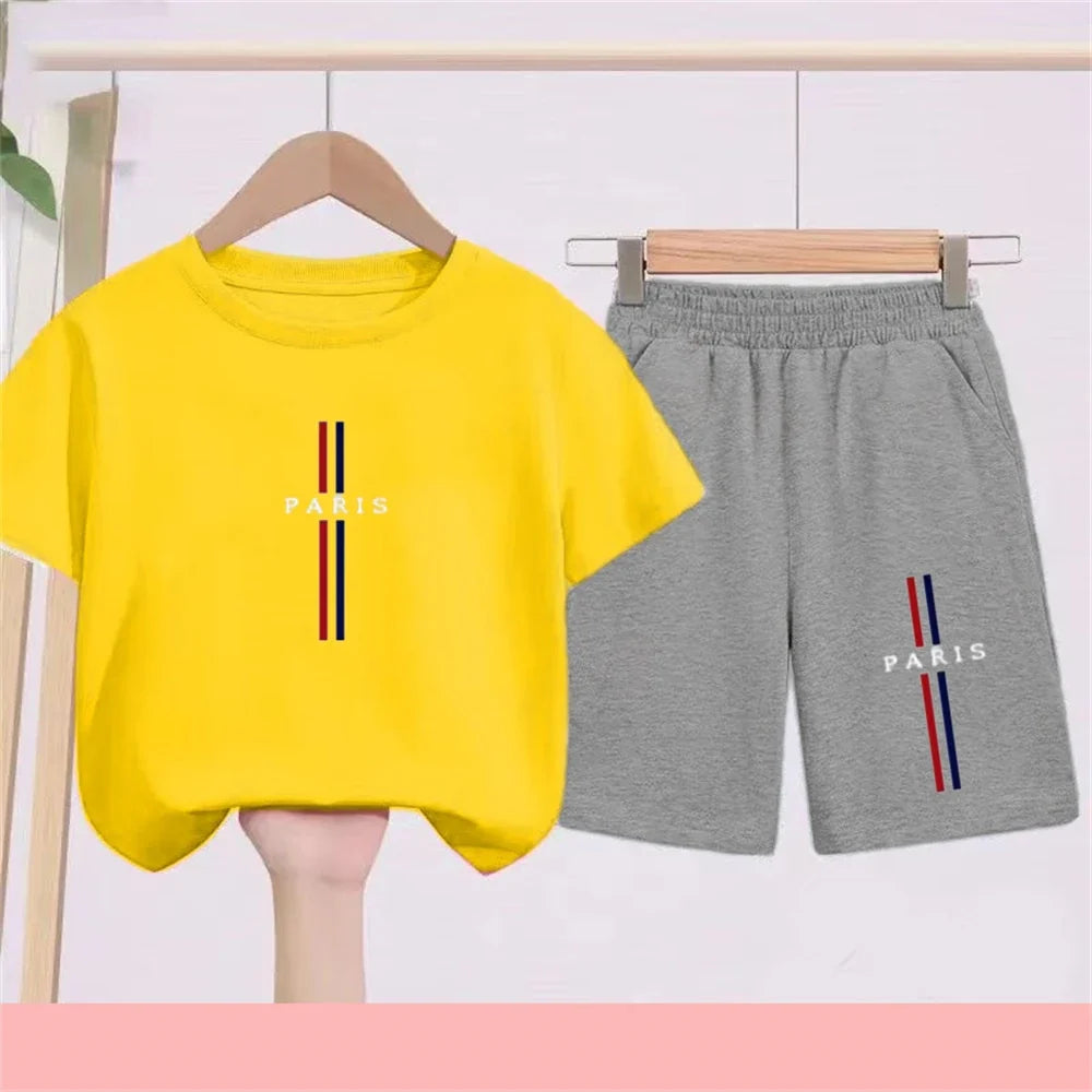 Summer Short Sleeve Children Age 3-12 Girls Boy Set White Black Tshirt+Shorts 2pcs Leisure Kids PARIS Brand Print Set