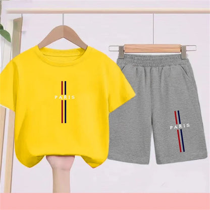 Summer Short Sleeve Children Age 3-12 Girls Boy Set White Black Tshirt+Shorts 2pcs Leisure Kids PARIS Brand Print Set