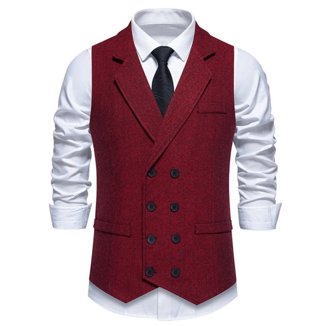Men Vest Gray Herringbone Double Button With Lapel Waistcoat For Wedding Groom Business Banquet Office Work Men Suit Vest