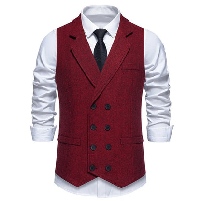 Men Vest Gray Herringbone Double Button With Lapel Waistcoat For Wedding Groom Business Banquet Office Work Men Suit Vest