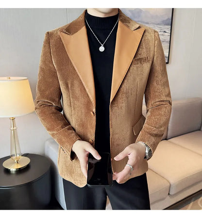 Splicing Leather Neck Fashion Suit Jacket Luxury Men's Business Slim Fit Social Formal Blazers Coats Wedding Groom Tuxedos 5XL-M