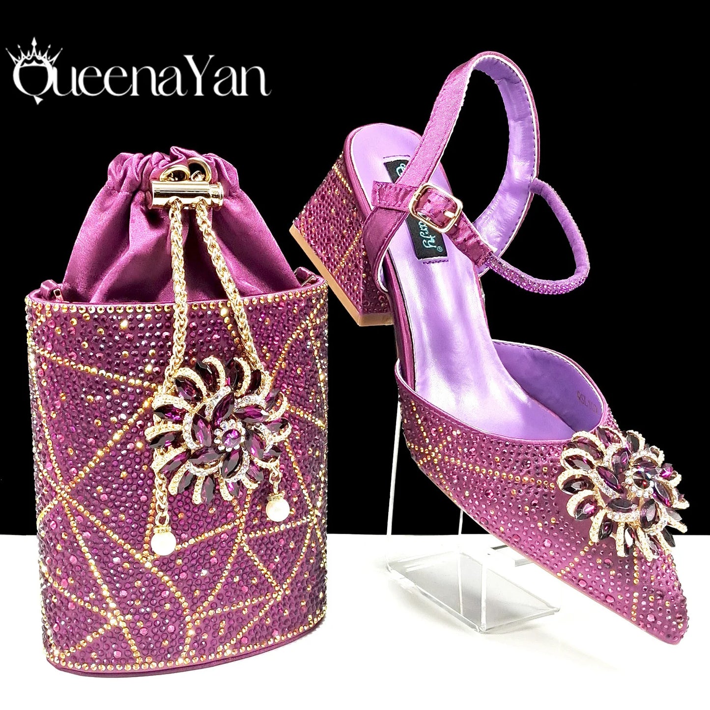 African Ladies Elegant Pointed Toe Shoes with shiny Metal Stand Bag Women Party Shoes or Commuting Shoes and Bag Set