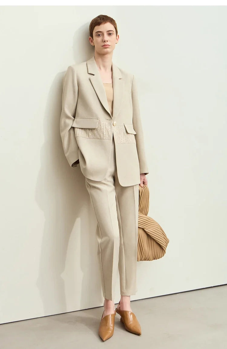 Minimalism 2025 Women's Blazer Autumn New Office Lady Lace Spliced Shoulder Professional Loose Female Notched Tops 12443009