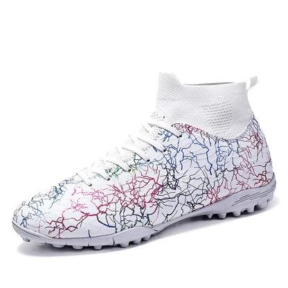 High quality, high-top football shoes, unisex style, comfortable, breathable, available in TF and FG options.  Sole spikes