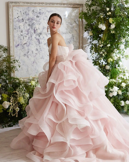 Pink Elegant Prom Dresses Strapless Backless Prom Gown Pleating Ruffles Chic Woman Evening Dresses robe de bal Customized