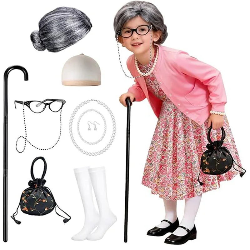 Baby Girl Celebrating 100th School Days Funny Cosplay Costumes Dress Granny Girl Cosplay Floral Old Lady Dress Up With Cane