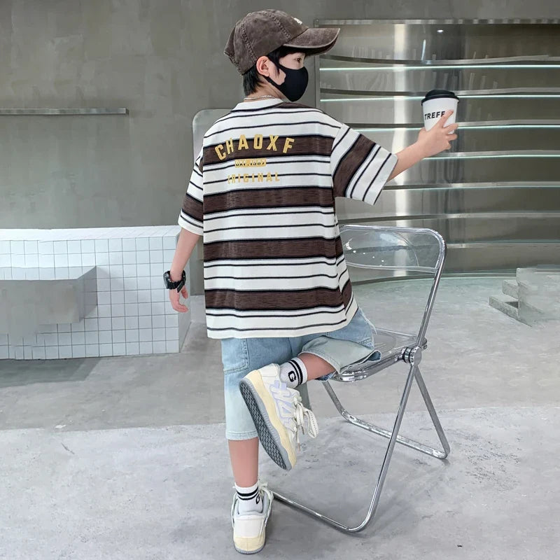Luxury Summer Suit for Boy Short Sleeve Striped T-shirt + Denim Shorts 2 Pieces Clothing Set Kids Children Cotton Top Bottom Set