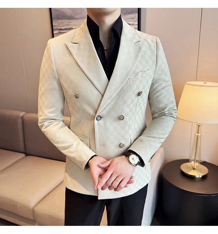 6 Color Luxury Double Breasted Blazers Coats 2024 New Fashion Checkered Business Slim Fit Social   Formal Suit Jacket 5XL-M