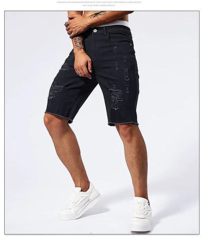 Vintage Denim Shorts Men's American Stretch Slim Jeans Fashion Ripped Streetwear Male Hole Frayed Short Pants Blue Black