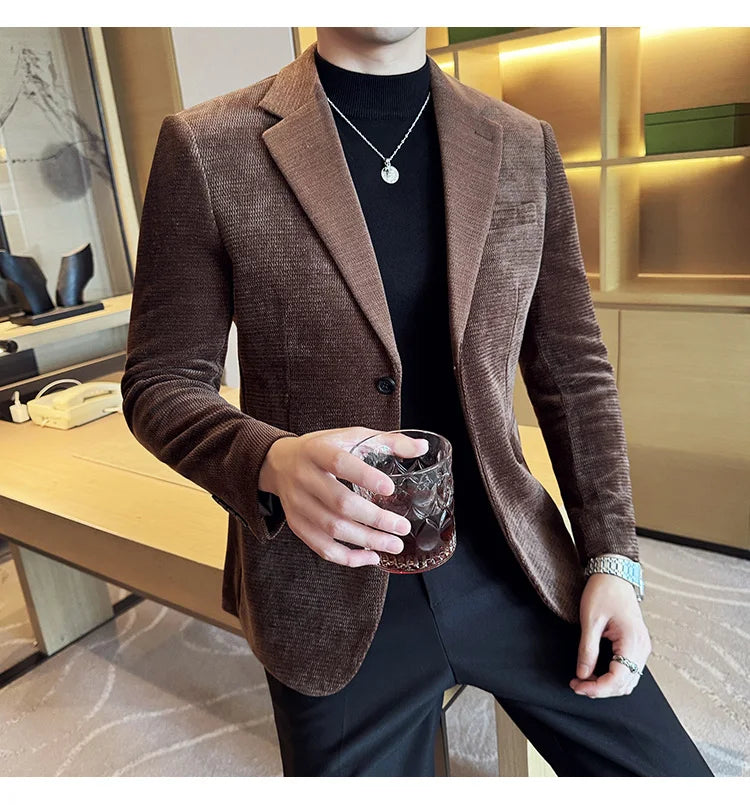 Autumn Winter Fashion Seaweed Pattern Suit Jacket High Quality Luxury Slim Fit Casual Men's Blazers Coats Social Prom Tuxedo