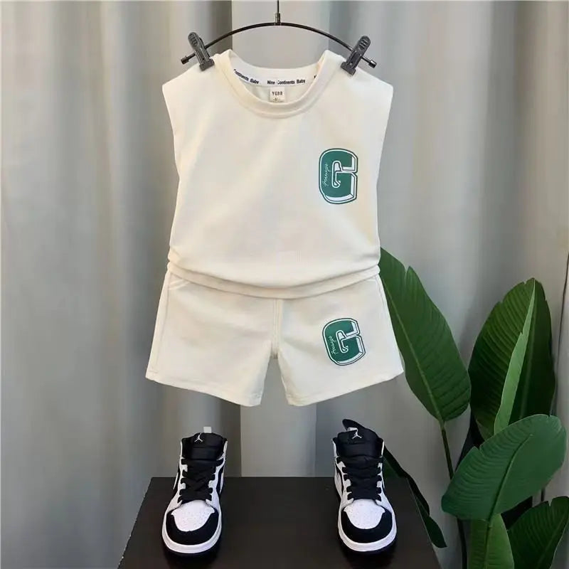 Summer Children Boys 2PCS Clothes Set Cotton Letter Bear Sleeveless Tops Tee Suit Thin Cool Sporty Shorts Kid Babys Boys Outfits