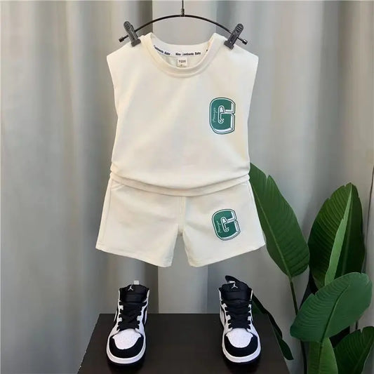 Summer Children Boys 2PCS Clothes Set Cotton Letter Bear Sleeveless Tops Tee Suit Thin Cool Sporty Shorts Kid Babys Boys Outfits