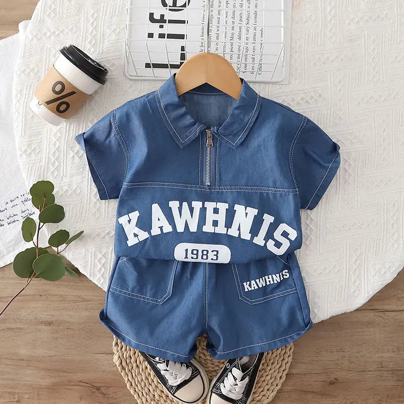 Children Cotton Clothes Summer Child Boy Cartoon Denim Solid Shirt Short 2Pcs/set Infant Kid Fashion Toddler Tracksuit 0-5 Years