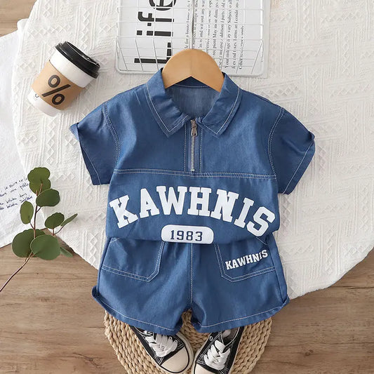 Children Cotton Clothes Summer Child Boy Cartoon Denim Solid Shirt Short 2Pcs/set Infant Kid Fashion Toddler Tracksuit 0-5 Years