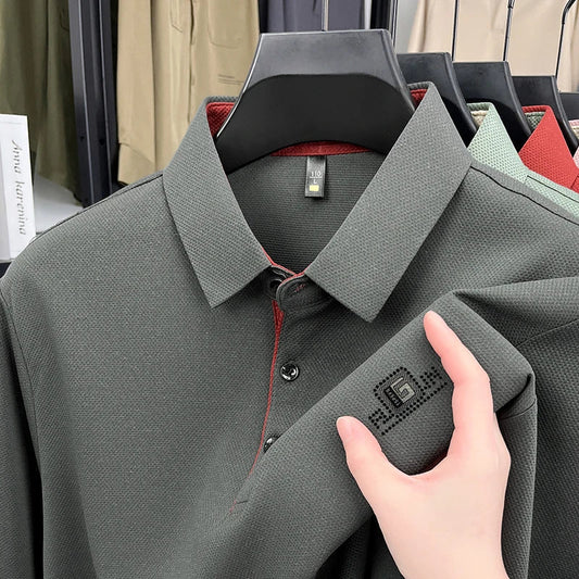 High End Brand Quality Men's Polo Shirt Autumn Exquisite Solid Color Letter Print Lapel Long Sleeve Business Classic Menswear