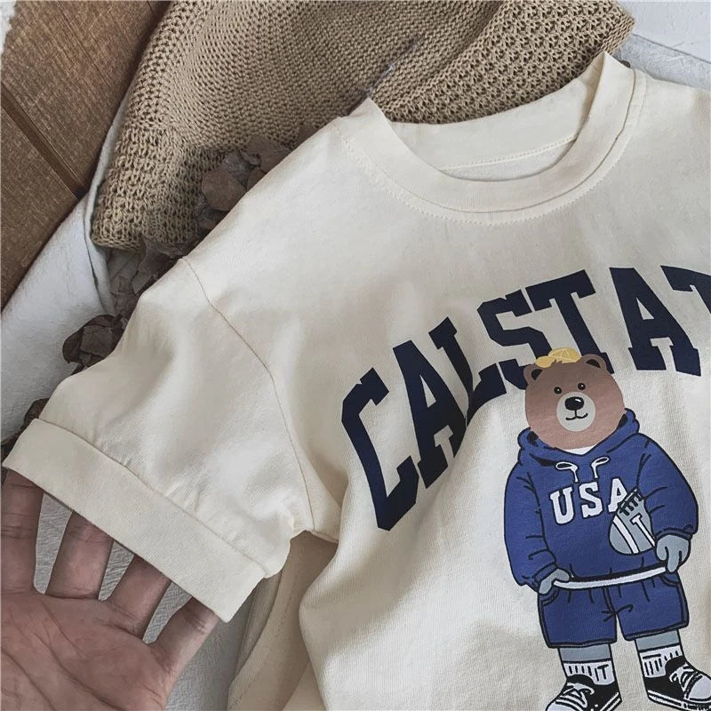 Print Cartoon Pattern Boys Short Sleeve T-shirt Suit 2025 Summer Clothing Loose Casual Kids Tracksuits Toddler Costume Outfits