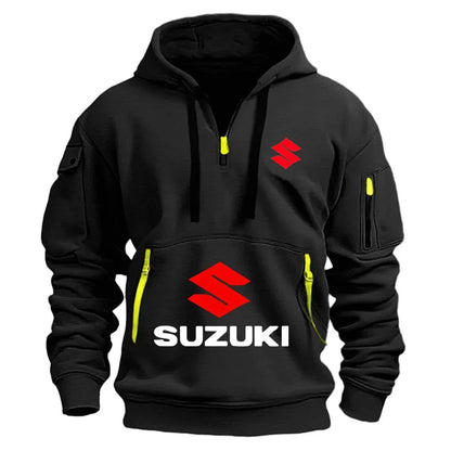 2026 Nueva sudadera con capucha Suzuki estilo motocicleta con diseño de media cremallera y logotipo rojo, top informal estilo
