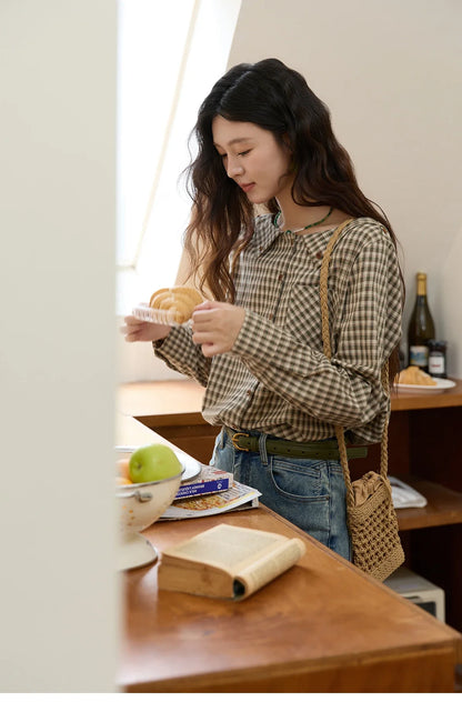 Women's Casual Shirts Cotton Autumn Side Slit Pockets Plaid Shirts Commute  Elegant Chic Woman Top with Belt MXE44X2469