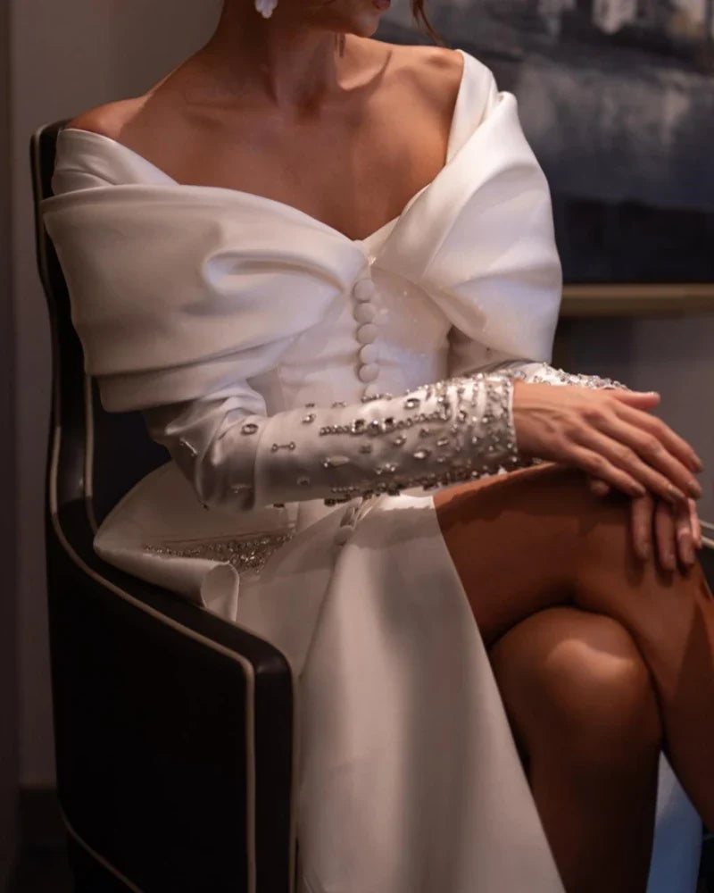 Customized Elegant V Neck Off the Shoulder Sheath Prom Dresses with Slit Ankle Length Sequin Long Button Formal Evening Gowns