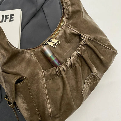 Distressed Vintage Shoulder Bags Women Pleated Y2K Design Large Capacity Retro Hobo Bag 2025 New Designer Handbags Luxury