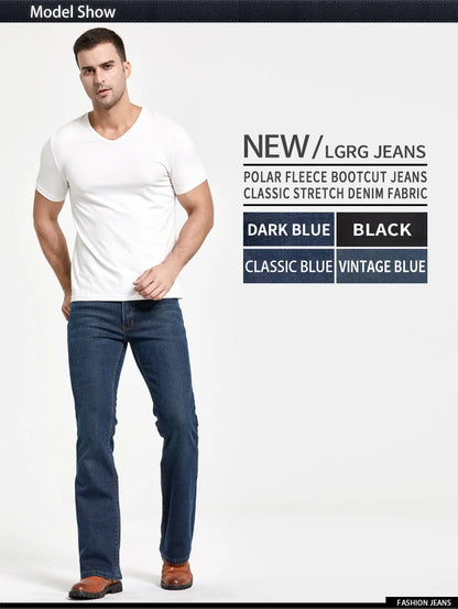 Mens Winter Stretch Denim Jeans Thicken Warm Pants Slim Slightly Flare Trousers Boot Cut Fit Polar Fleece Jeans