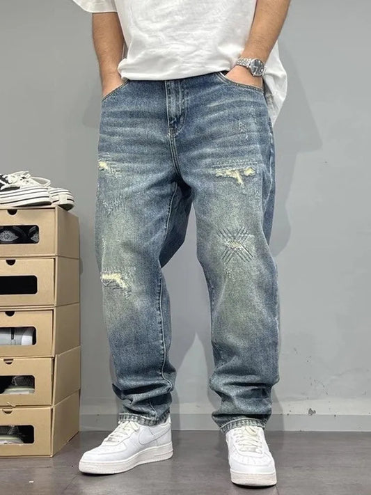 Autumn and Spring New Fashion Trend Pure Color Retro Straight Leg Jeans Men's Loose Sports Plus Size High Quality Denim Pants