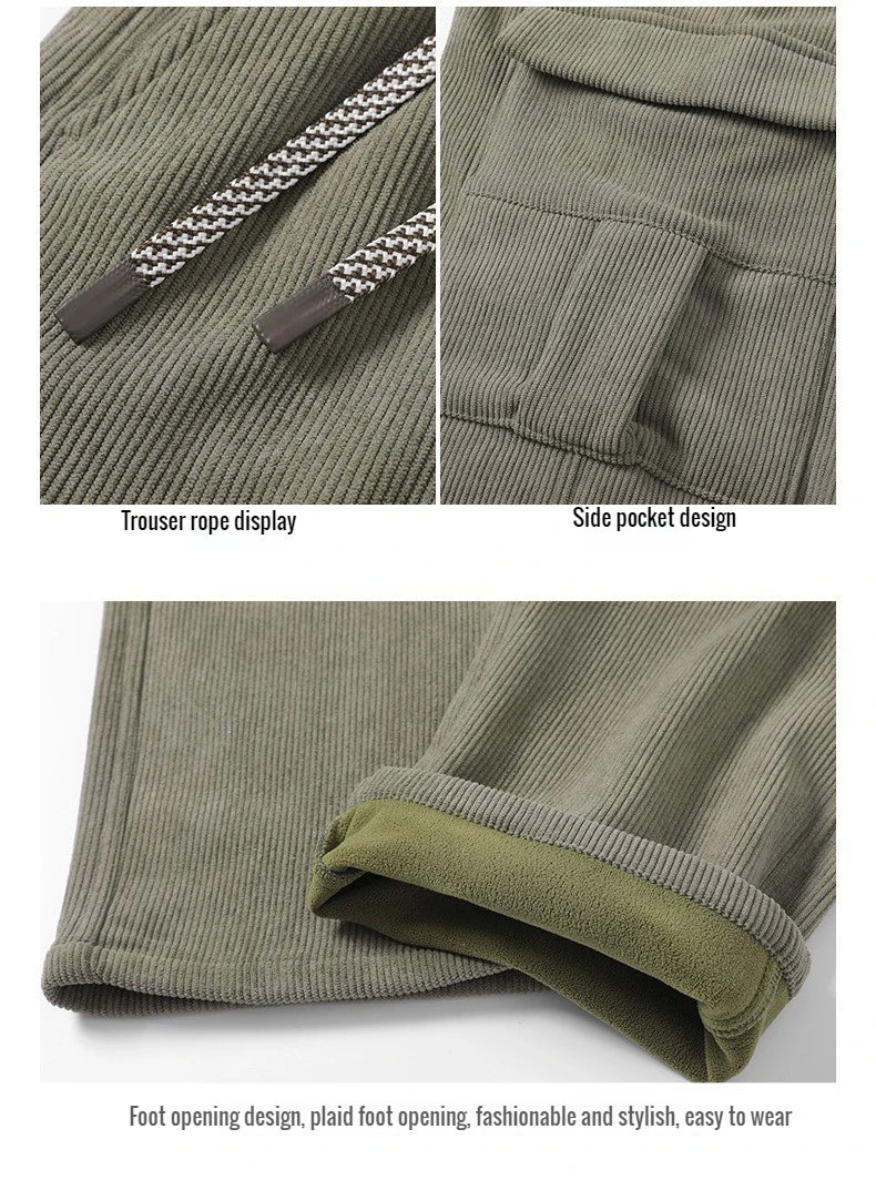 2026 New in Winter Corduroy Pants Men Straight Wide Leg Cargo Trouser Male Elastic Waist Loose Fit Thick Brown Warm Fleece Plush