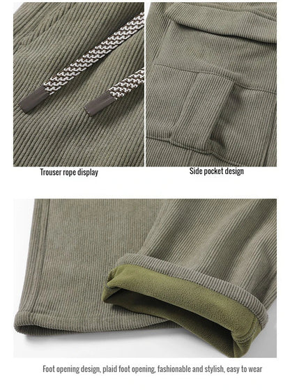 2026 New in Winter Corduroy Pants Men Straight Wide Leg Cargo Trouser Male Elastic Waist Loose Fit Thick Brown Warm Fleece Plush