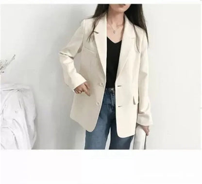 Elegant Casual Loose Long Sleeve Women's Small Suit Jacket Korean Style Spring Autumn Chic Polyester Fiber Button Decoration