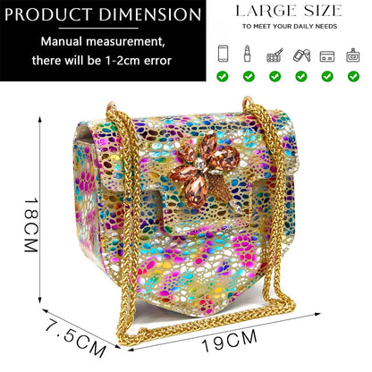 Elegant Rhinestone Heels & Matching Bag Set, Colorful Print Pointed Toe Block Heels for Banquet Club Night