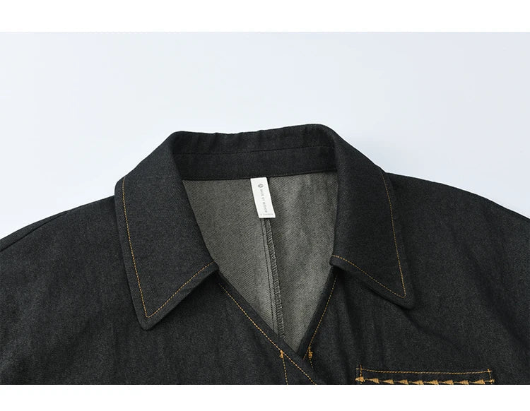 Autumn Retro Black Imitation Denim Shirt 2025 Side Lace-up Solid Shirts Lapel V-neck Retro Button Casual Tops MXE42C2374