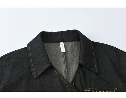 Autumn Retro Black Imitation Denim Shirt 2025 Side Lace-up Solid Shirts Lapel V-neck Retro Button Casual Tops MXE42C2374