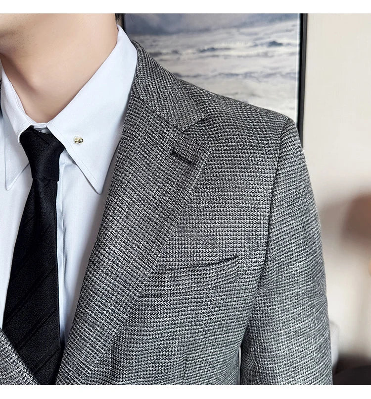 Bright Silk Thousand Bird Grid Suit Jacket Korean-style Business Fashion Slim Fit Single Breasted Men Social Party Dress Coats