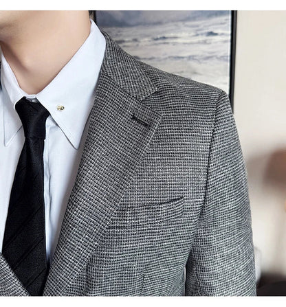 Bright Silk Thousand Bird Grid Suit Jacket Korean-style Business Fashion Slim Fit Single Breasted Men Social Party Dress Coats