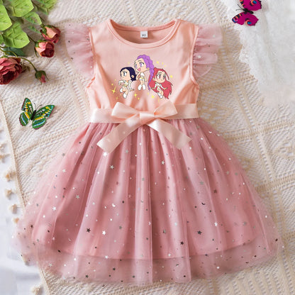 K-Pop Hunters Zoey Rumi Girls Sequin Tutu Dress with Bow Flutter Sleeves Summer Princess Party Outfit for Toddler Kids 2-6Y